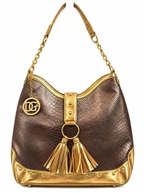 Diane Gilman DG Metallic Bronze Reptile Hobo Bag Gold Tassels Shoulder Purse